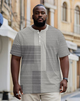 Men's Plus Size Casual Daily Grey Contrast Striped Print Henley Collar Button Short Sleeve T-Shirt